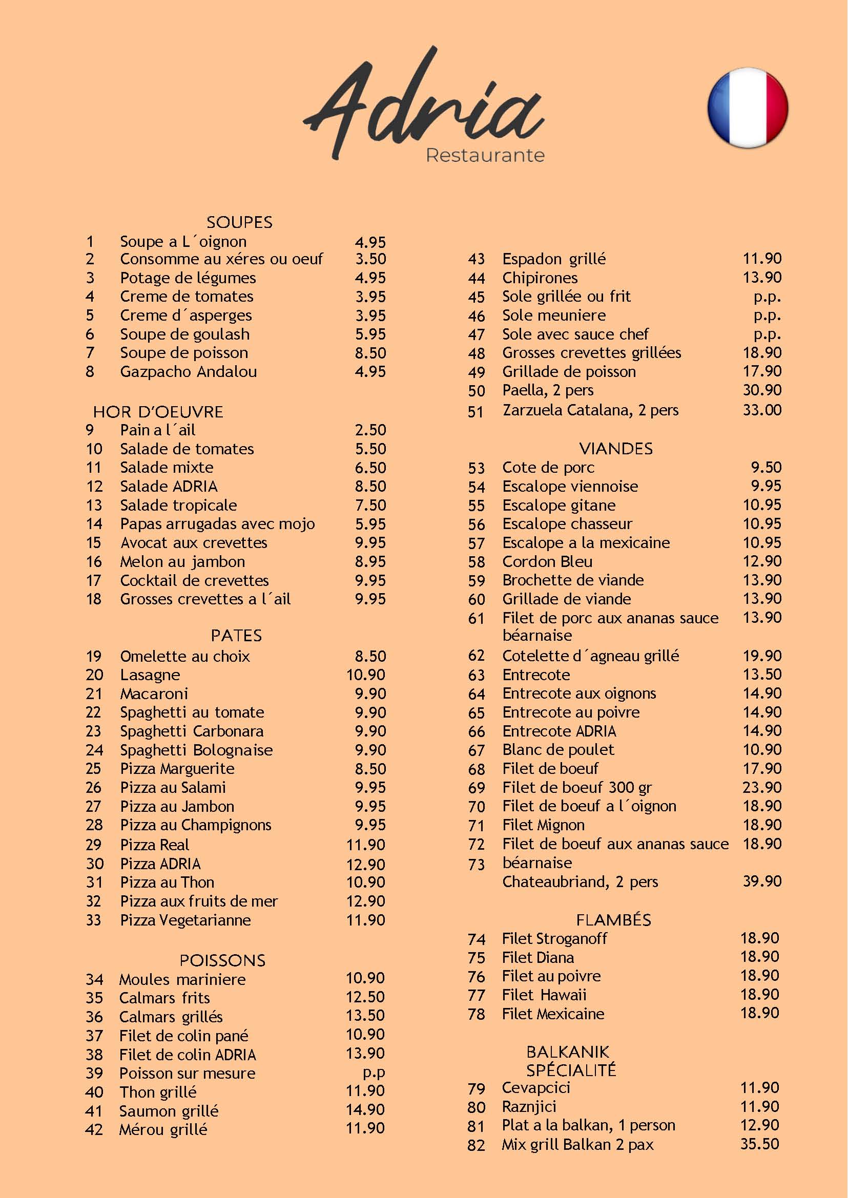 Carte en français du Restaurant Adria
