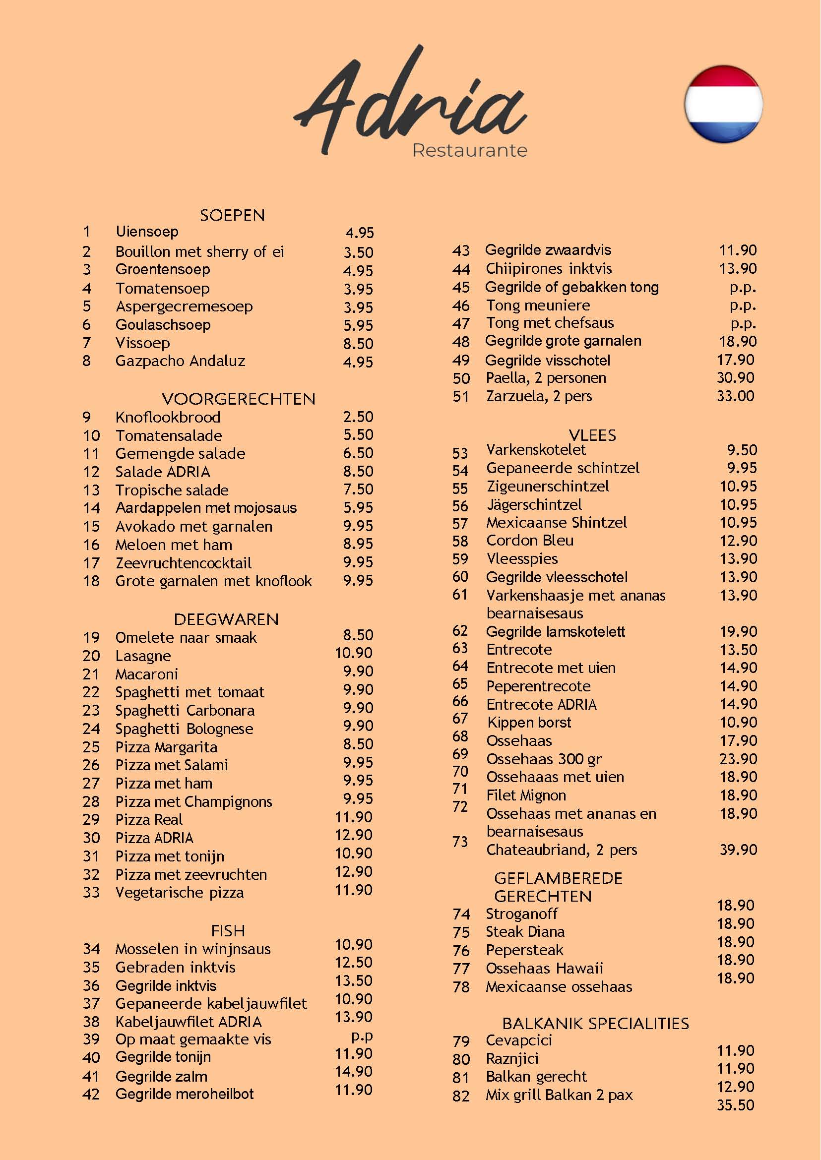 Nederlandse menukaart van Restaurant Adria