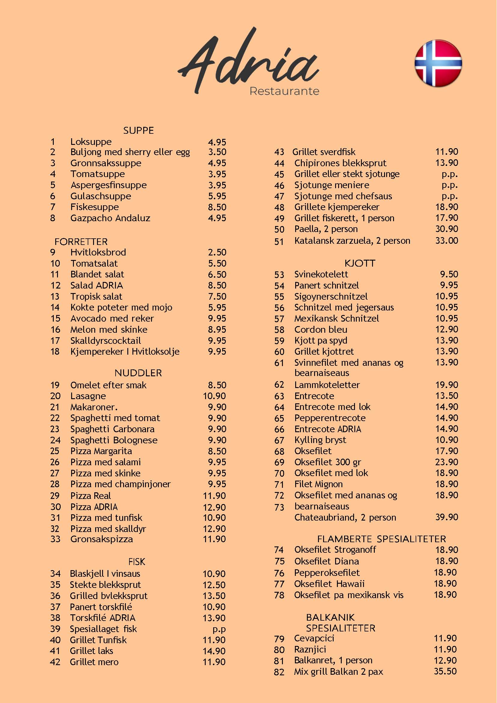 Norsk meny for Restaurant Adria