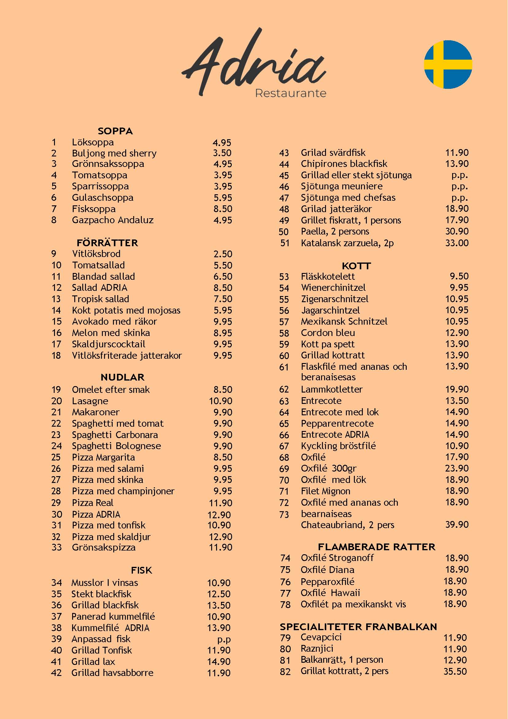 Svensk meny för Restaurant Adria